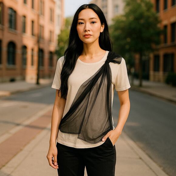 Ann Taylor Womens Top Size‎ Small Beige Black Mesh Bow Lyocell NEW - Picture 2 of 6